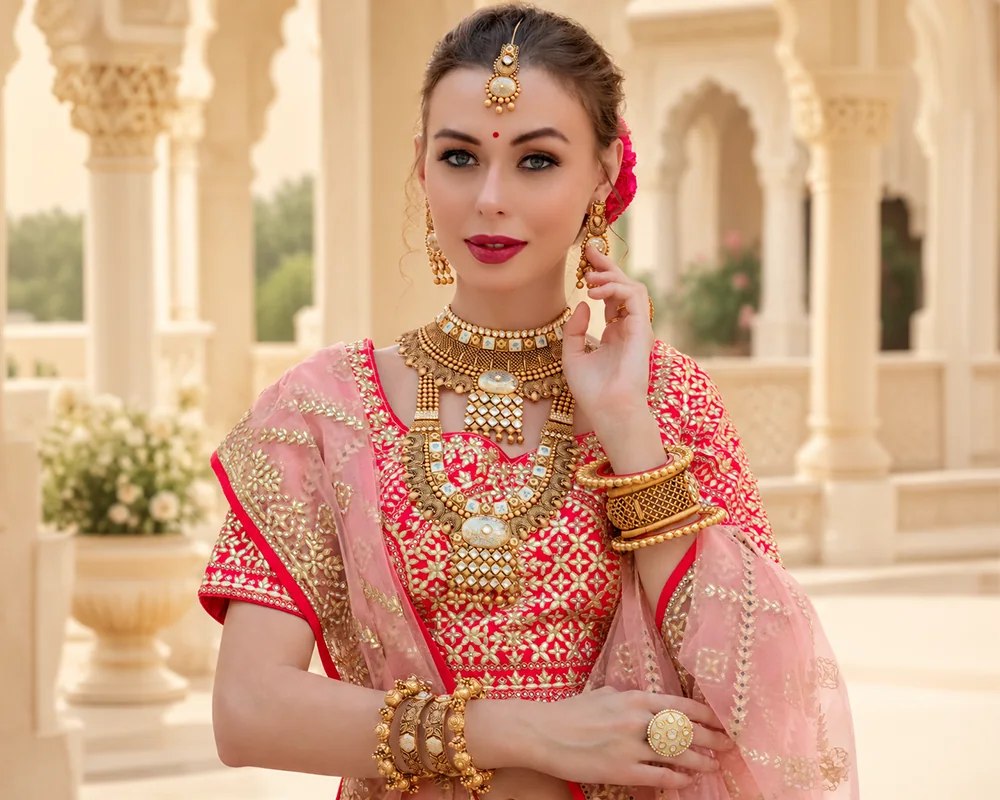 Bride in a red lehenga wearing a JKJ gold bridal set