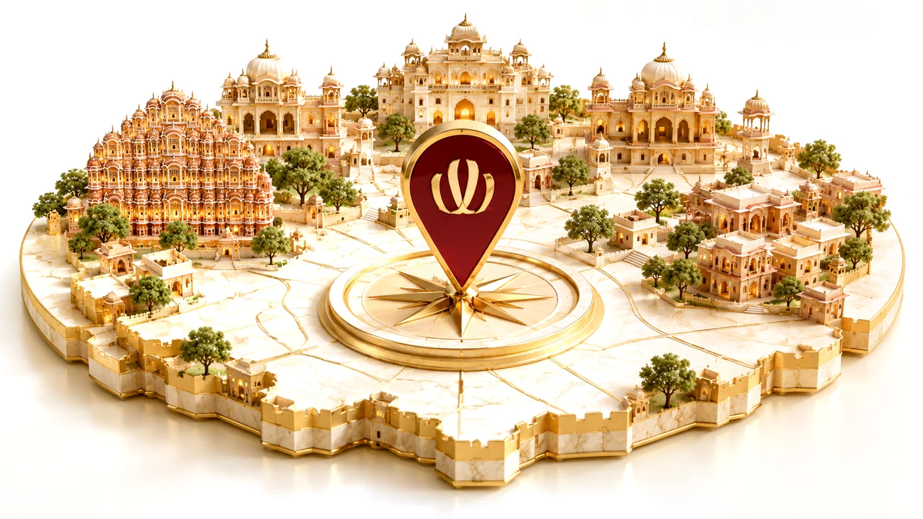Illustrated map of Jaipur landmarks with a JKJ location pin