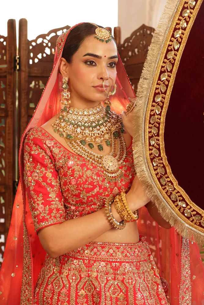 Polki Bridal Set with Emerald Drops